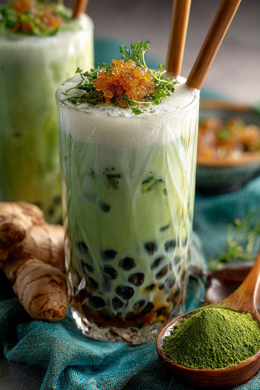 Eisgekühlter Vanille-Matcha-Latte mit braunem Zucker image 2
