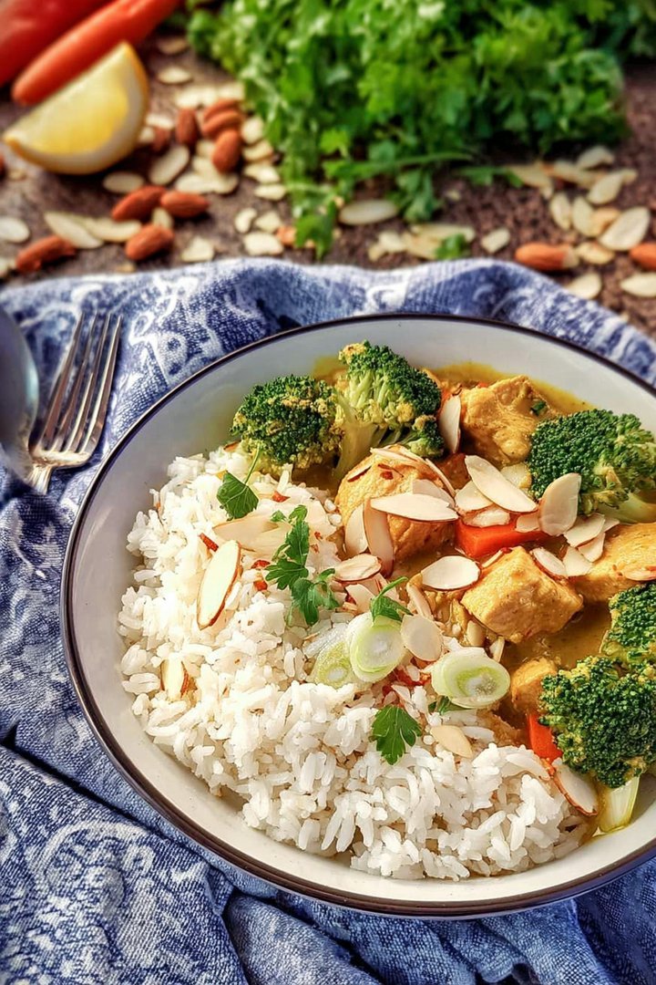 Putencurry mit Brokkoli, Mandeln und Reis image 2